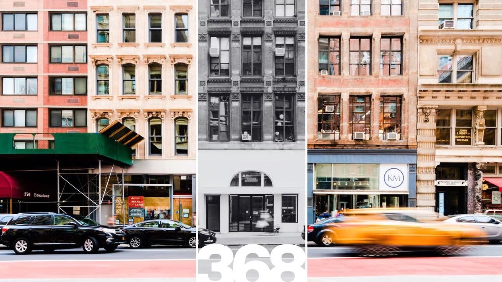The lower-Broadway loft buildings, 368 at center