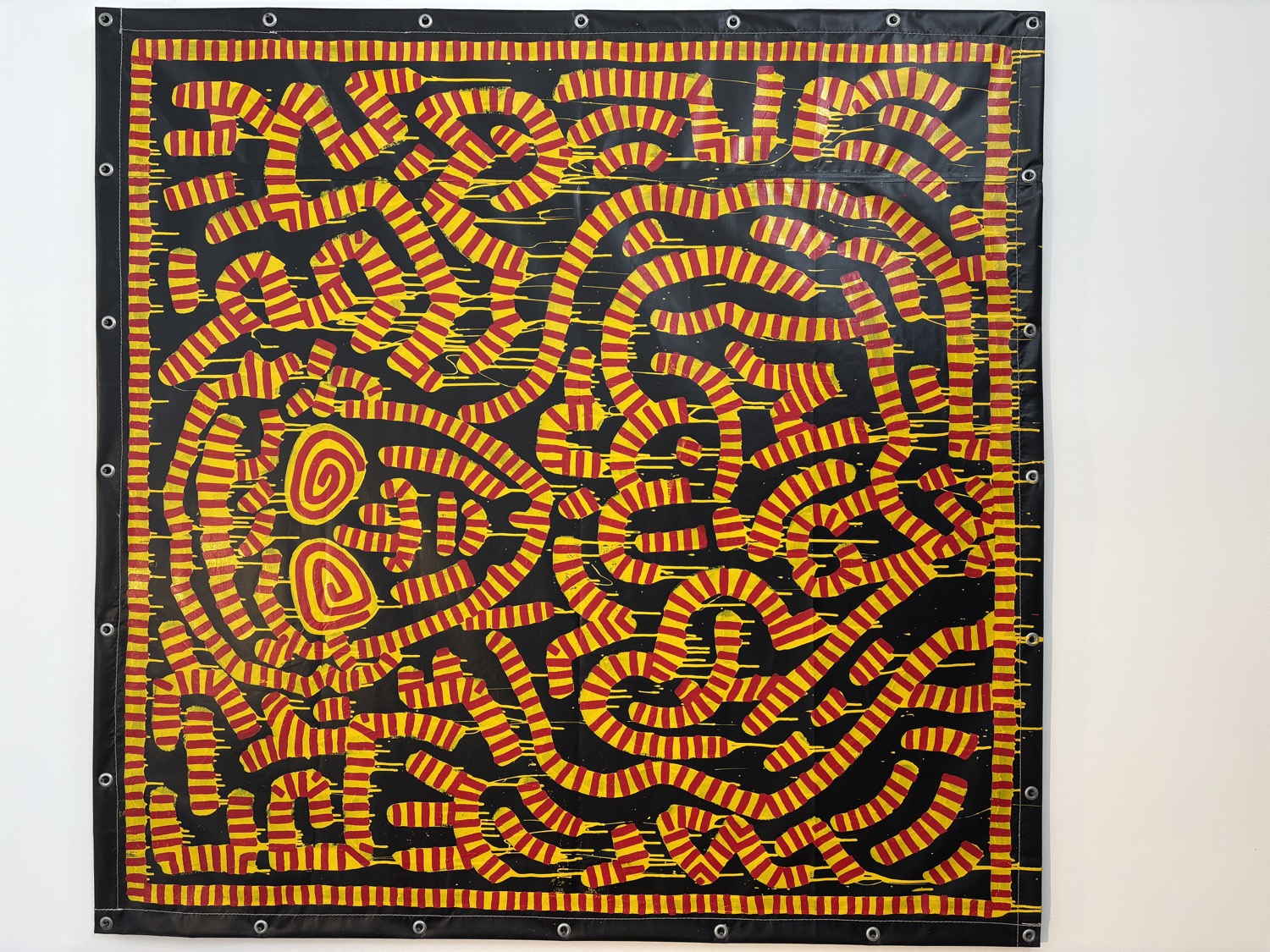 Keith Haring striped painting on grommeted tarpaulin